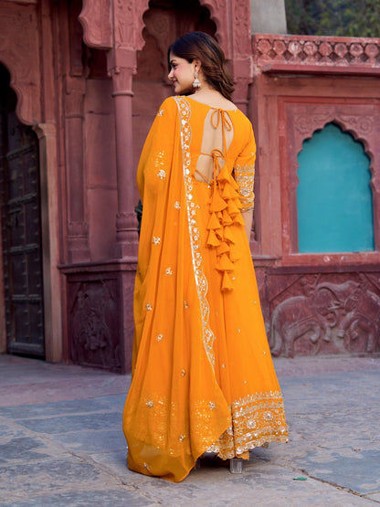 Lehenga Mart Designer Anarkali Suit With Kurta Palazzo Dupatta For Women-Mustard