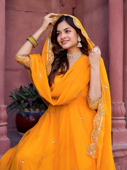 Lehenga Mart Designer Anarkali Suit With Kurta Palazzo Dupatta For Women-Mustard
