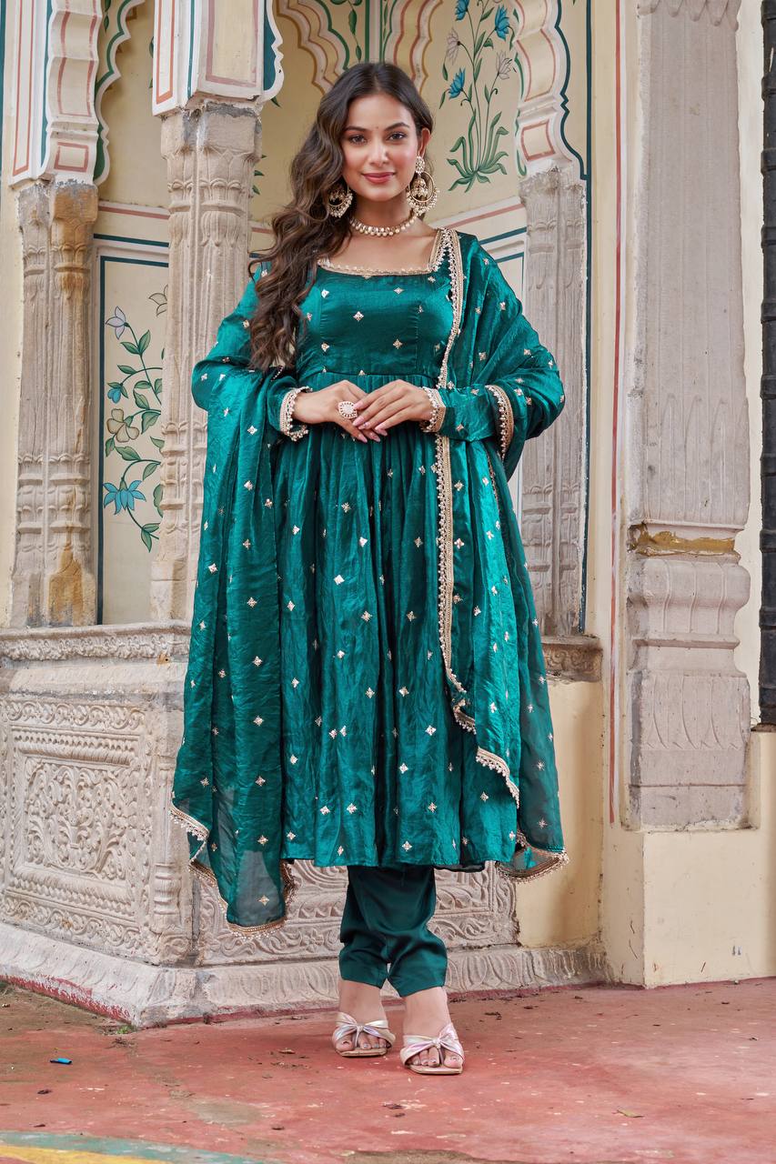 Lehenga Mart Designer Anarkali Suit With Kurta Palazzo Dupatta For Women-Emerald Green