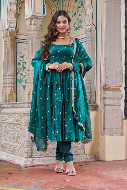 Lehenga Mart Designer Anarkali Suit With Kurta Palazzo Dupatta For Women-Emerald Green