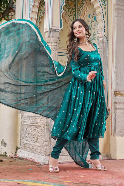 Lehenga Mart Designer Anarkali Suit With Kurta Palazzo Dupatta For Women-Emerald Green