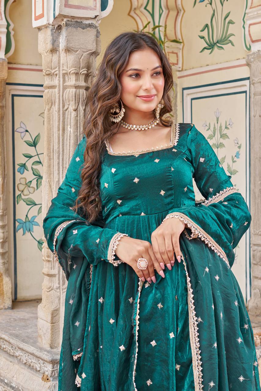 Lehenga Mart Designer Anarkali Suit With Kurta Palazzo Dupatta For Women-Emerald Green