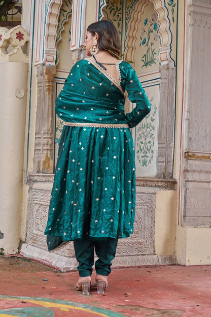 Lehenga Mart Designer Anarkali Suit With Kurta Palazzo Dupatta For Women-Emerald Green