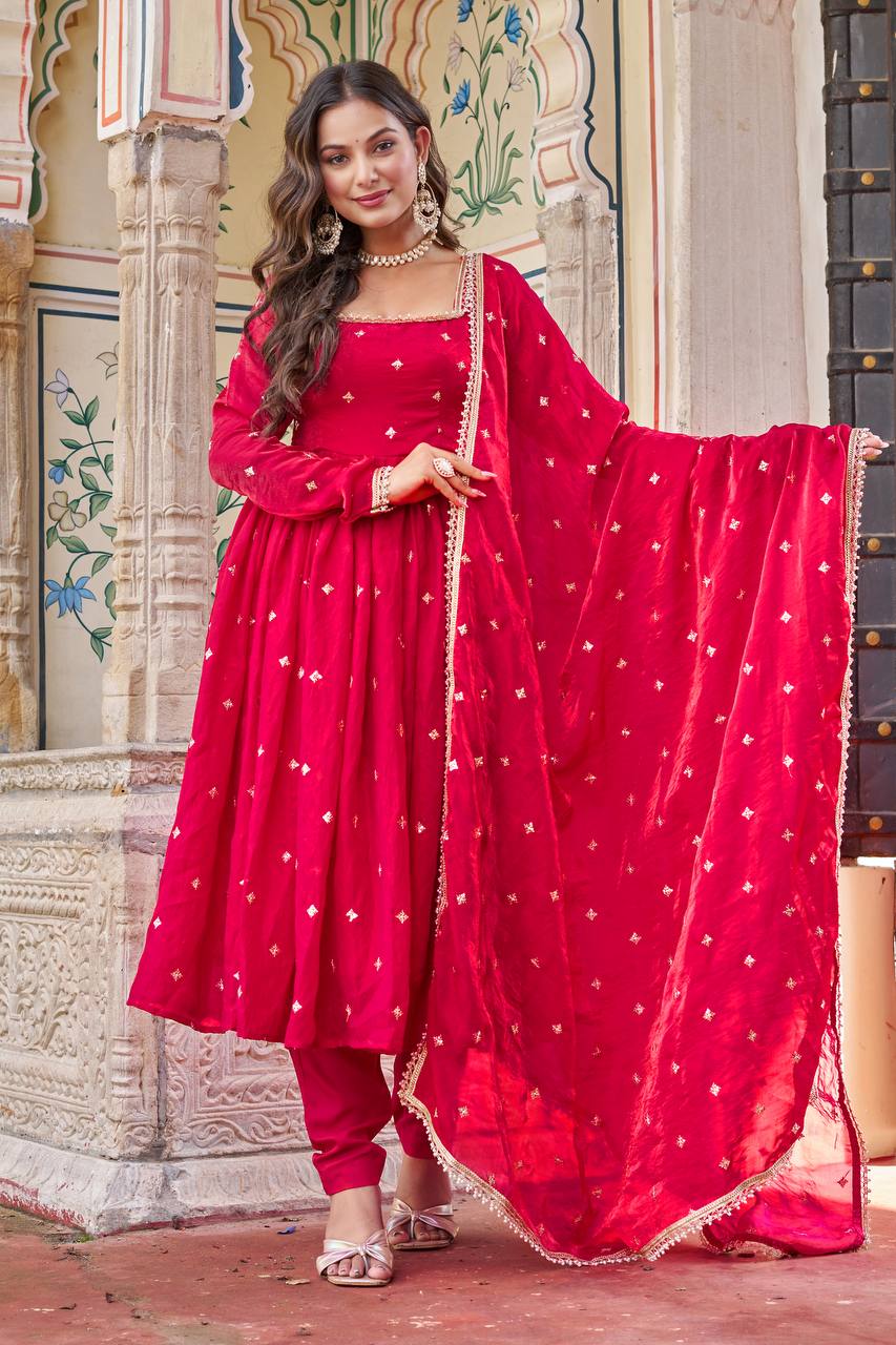 Lehenga Mart Designer Anarkali Suit With Kurta Palazzo Dupatta For Women-Hot Pink