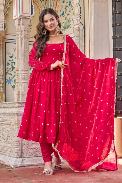 Lehenga Mart Designer Anarkali Suit With Kurta Palazzo Dupatta For Women-Hot Pink