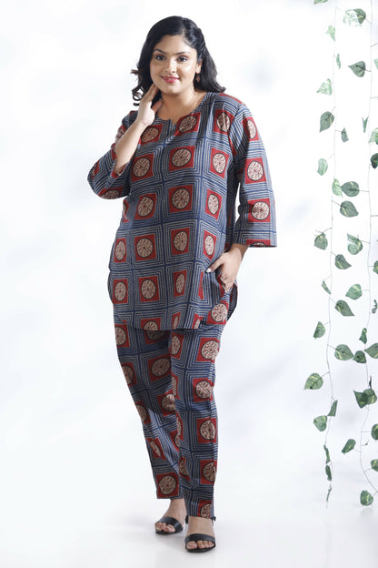 Breathables WomenS Blue Cotton Geometric Print Loungewear Co-Ord Set  Hip-Length Kurta & Pants