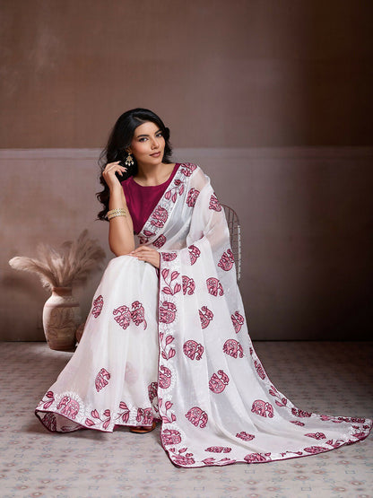 Teeya Creation Womens New Fancy Trending Party Wear Fendy Chiffon Saree-White