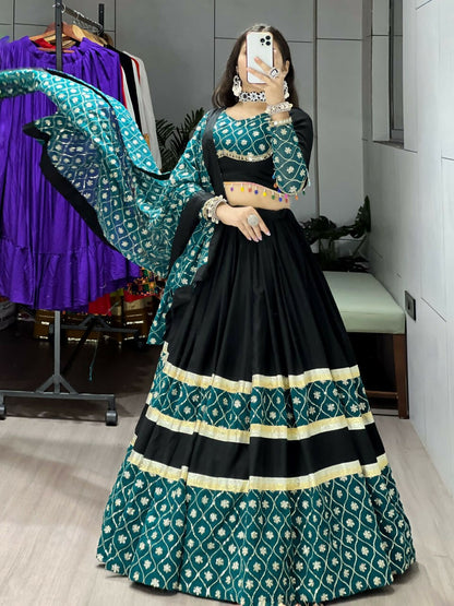 Yash Enterprise Green Black Rayon Cotton Embroidery Semi Stitched Navratri Top Chaniya Choli