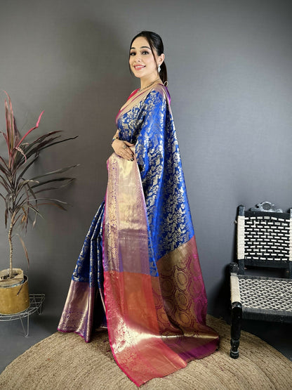 Prime Volt Pure Handloom Kanjivaram Katan Silk Saree with Antique Zari & Contrast Pallu-Royal Blue