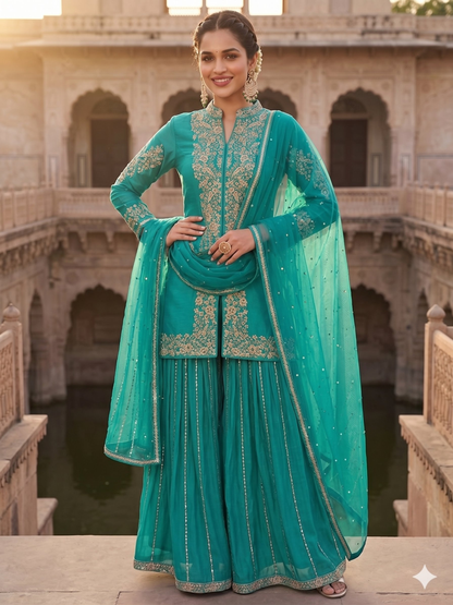 Teeya Creation Womens New Trendy Silk With Heavy Embroiedery With Sequence Work Teal Kurta Set
