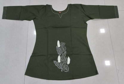 Teeya Creation Womens New Latest Cotton Mehendi Green Floral Embroidered Short Kurti