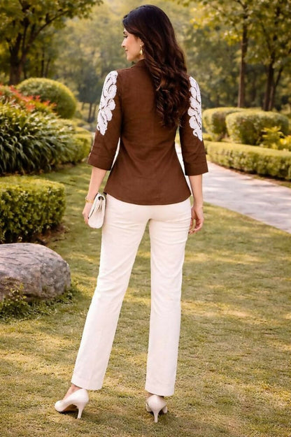 Teeya Creation Women Trendy Brown Cotton Button-Down Top with White Contrast Embroidered Sleeves