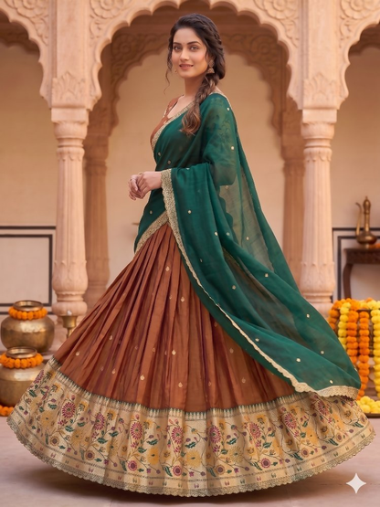 Teeya Creation Elegant Copper Brown Lehenga with Rich Emerald Green Contrast Dupatta