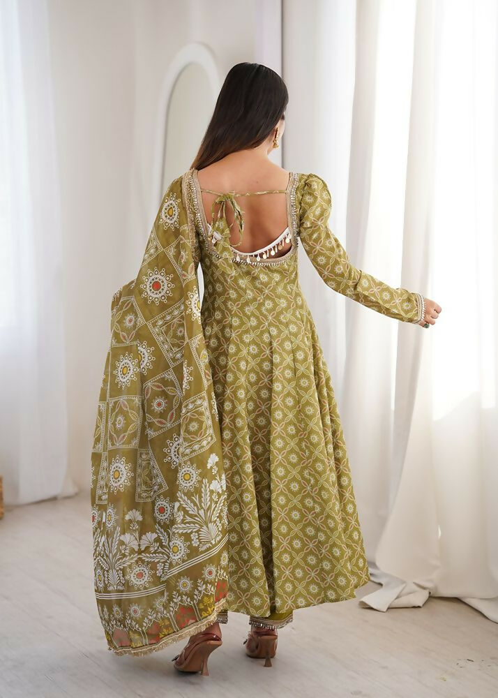 Teeya Creation Olive Green Floral Printed Anarkali Suit with Detailed Square Neckline