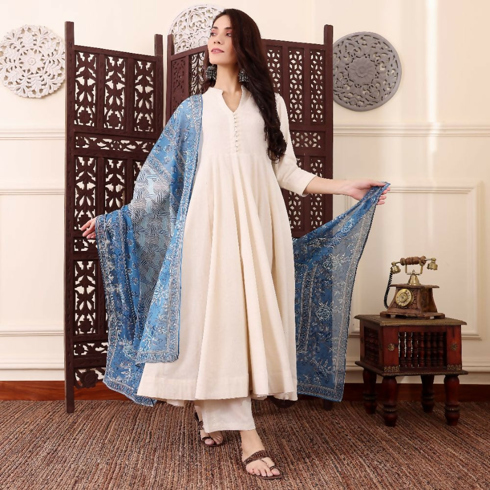 The52 Women's Beautiful Solid Chanderi Silk Fabric Flared Anarkali Pant and Dupatta Set
