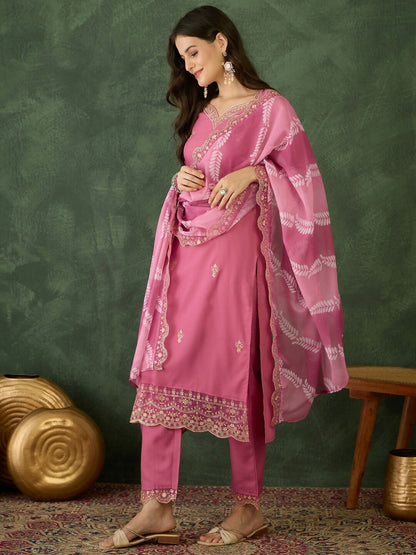 The52 Women's Beautiful Rayon Fabric Embroidery Work Straight Kurta Pant and Dupatta Set-Pink