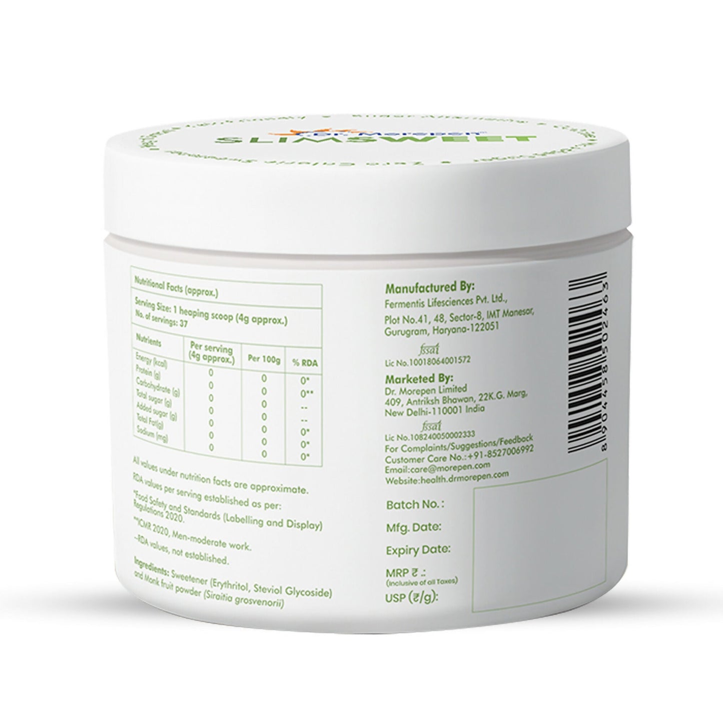 Dr. Morepen Slimsweet Natural Sugar Substitute with Stevia & Monk Fruit