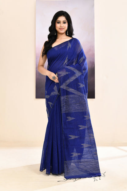 Piyari Fashion Women's Blue Embellished Cotton Blend Jamdani Saree