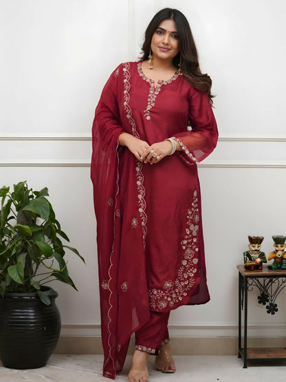 The52 Women's Beautiful Embroidery Work Roman Silk Fabric Straight Kurta Pant and Dupatta Set-Maroon