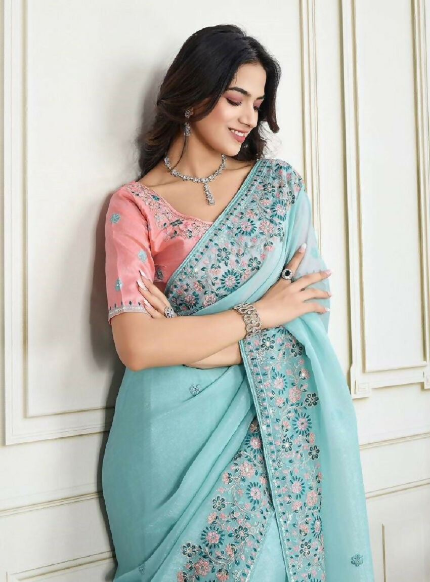 Teeya Creation New Trendy Stylish Wedding Wear Crunchy Silk Saree-Aqua_Blue