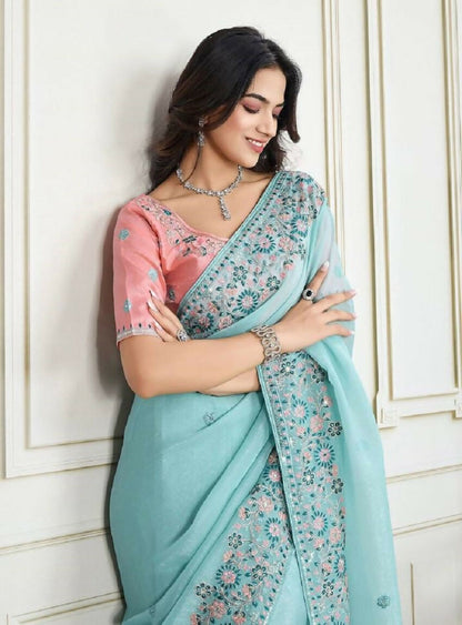 Teeya Creation New Trendy Stylish Wedding Wear Crunchy Silk Saree-Aqua_Blue