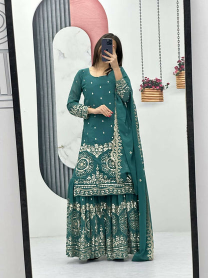 Teeya Creation Womens New Heavy Fox Georgette Fabric With Heavy Embroidery Work Light-Green Kurta Set