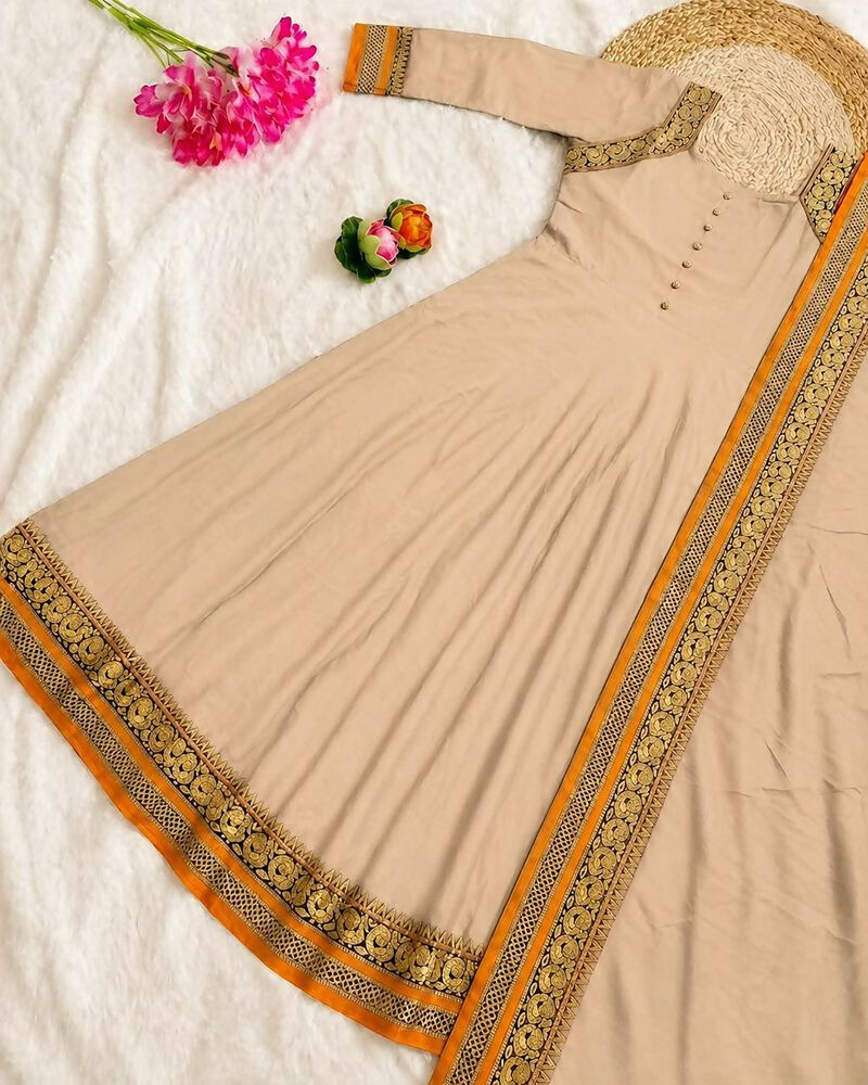 Teeya Creation New Trendy Stylish Cream Solid Anarkali Kurta with Traditional Golden Border Dupatta Set