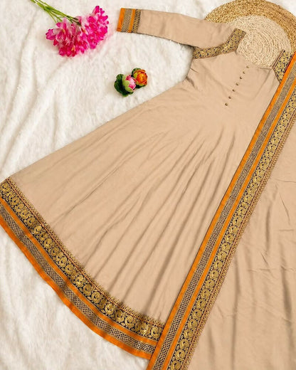 Teeya Creation New Trendy Stylish Cream Solid Anarkali Kurta with Traditional Golden Border Dupatta Set