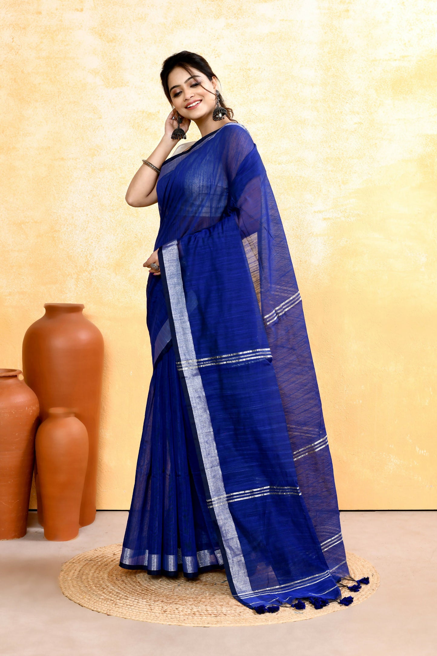 Piyari Fashion Women's Royal Blue Embellished Cotton Blend Zari Border Handloom Saree