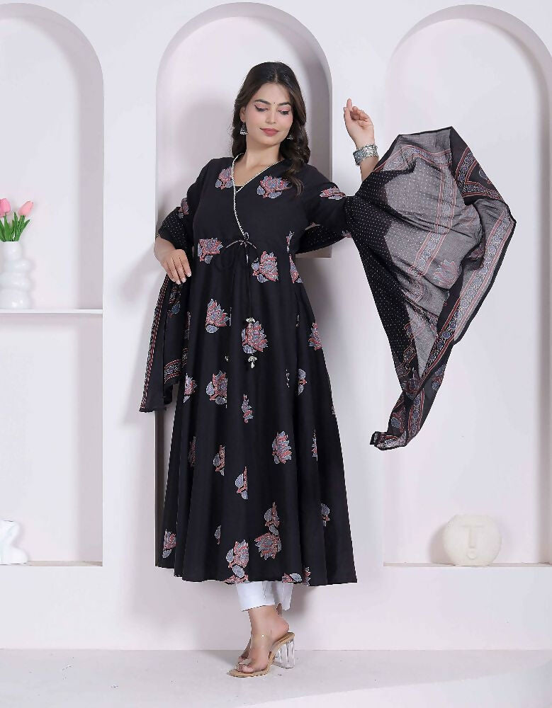 Miravan Black Printed Cotton Anarkali Kurta & Dupatta For Women