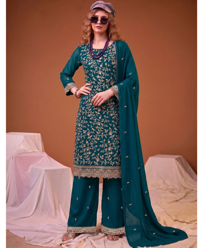 KC Teal Blue Straight Suit For Women Georgette Fabric