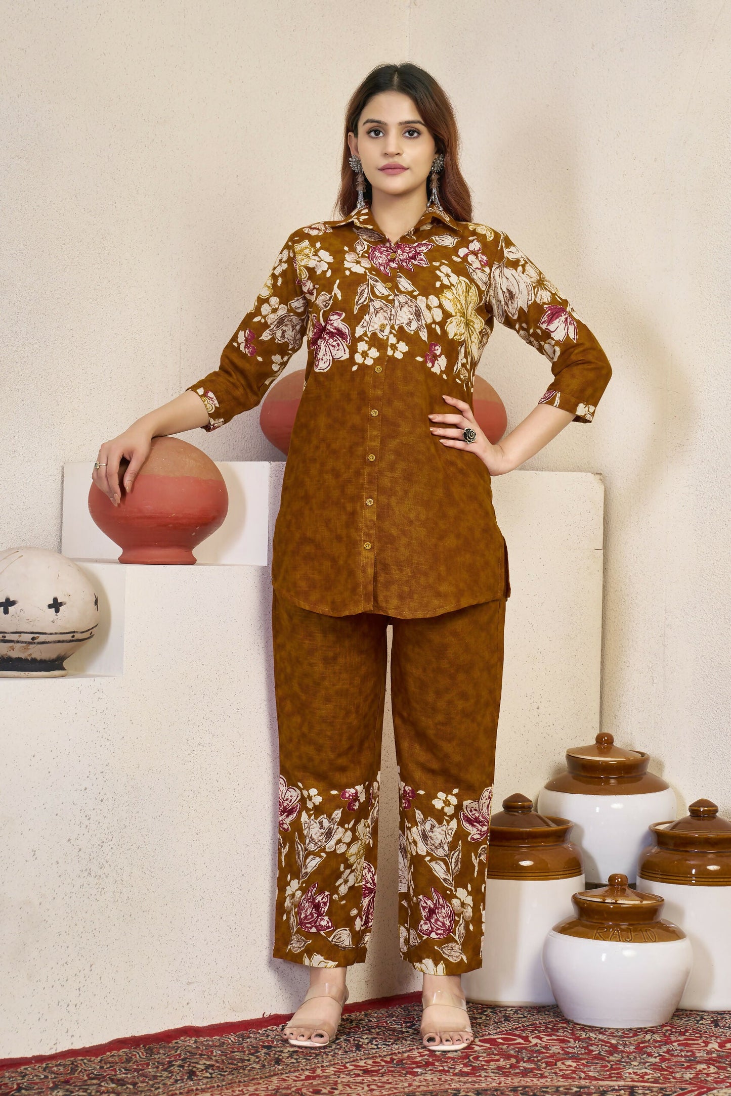 Teeya Creation Women Mustard Yellow Floral Printed Shirt And Trousers Co-Ord Set