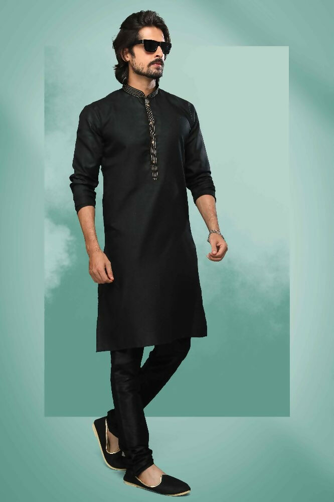 Raivat Ethnic Cotton Pintux Work Kurta Pajama In Black Colour