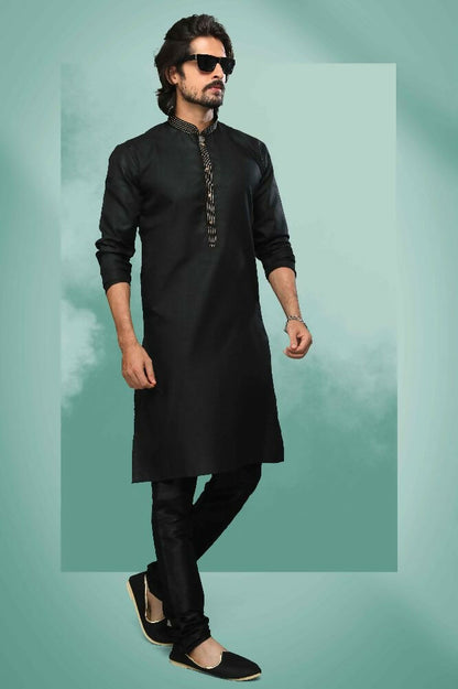 Raivat Ethnic Cotton Pintux Work Kurta Pajama In Black Colour