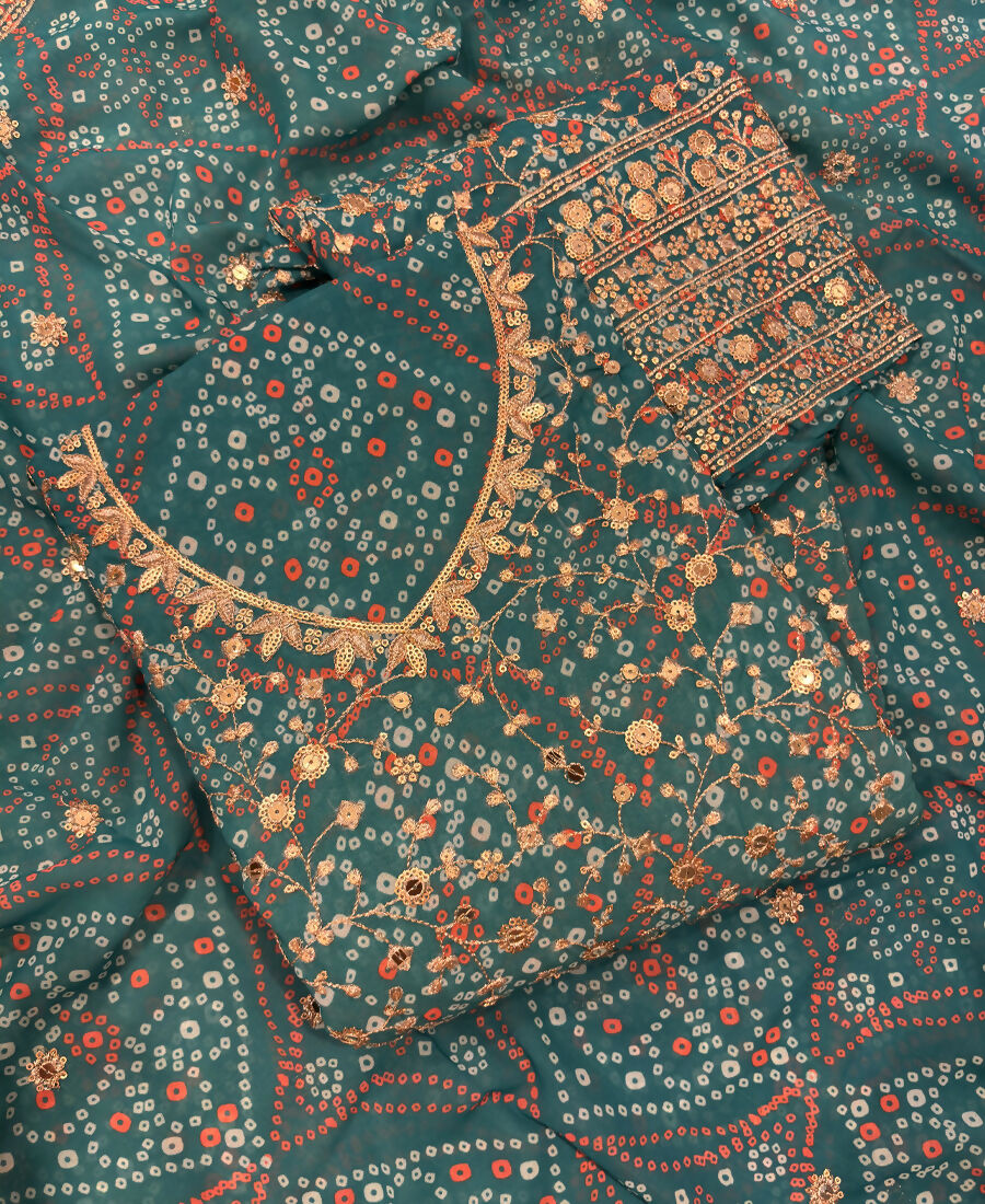 KC Teal Bandhani Printed Heavy Emrboidery Worked Sharara Suit Ethnic Wear