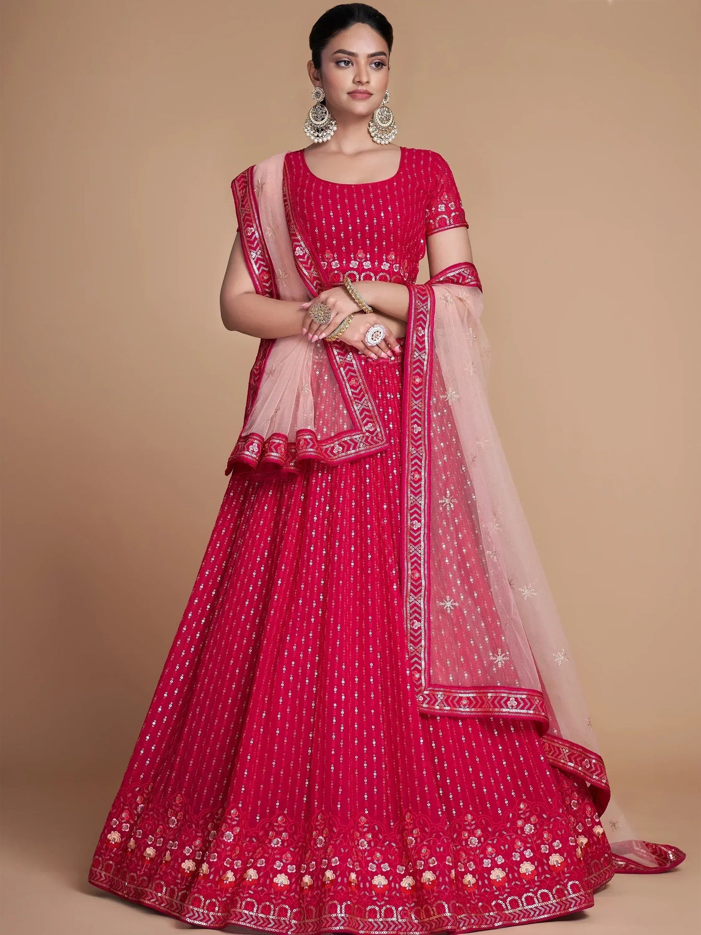 Tulsi Art Wondrous Rose Pink Sequined Georgette Bridesmaid Lehenga Choli