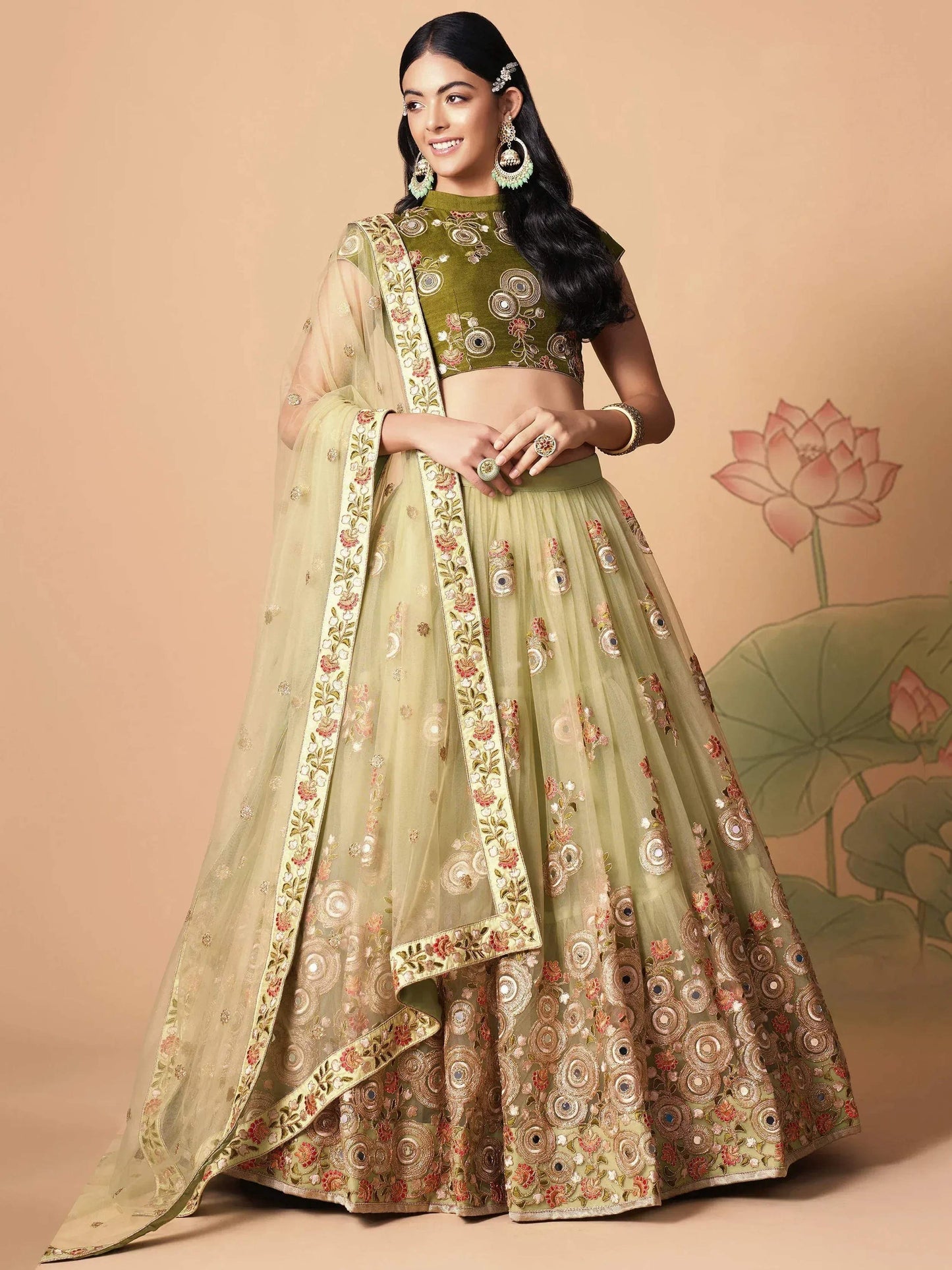 Tulsi Art Impressive Pista Green Net Embroidered Wedding Lehenga Choli