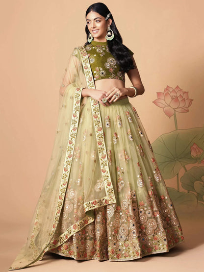 Tulsi Art Impressive Pista Green Net Embroidered Wedding Lehenga Choli
