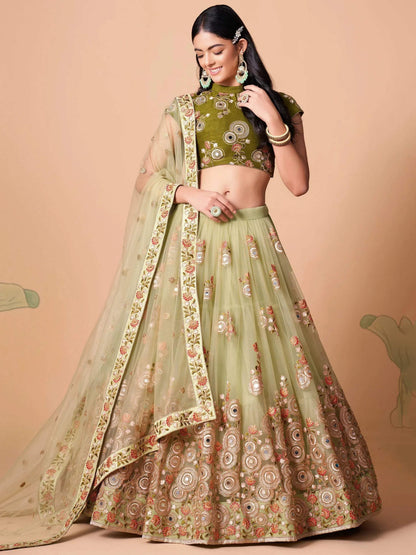 Tulsi Art Impressive Pista Green Net Embroidered Wedding Lehenga Choli