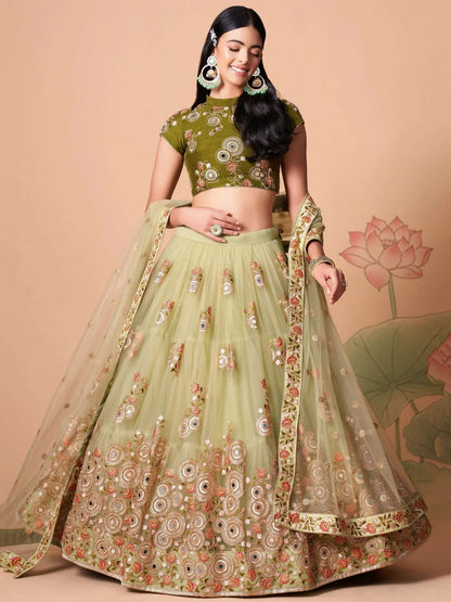 Tulsi Art Impressive Pista Green Net Embroidered Wedding Lehenga Choli