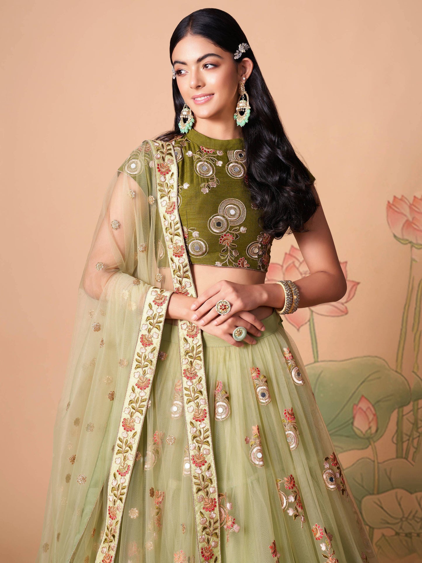 Tulsi Art Impressive Pista Green Net Embroidered Wedding Lehenga Choli