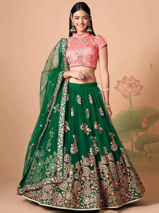 Tulsi Art Stunning Green Embroidered Net Designer Lehenga Choli
