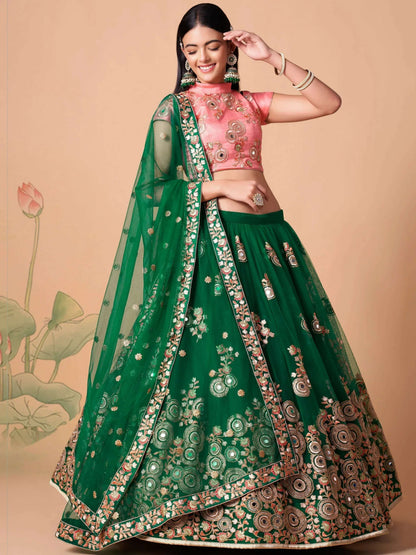 Tulsi Art Stunning Green Embroidered Net Designer Lehenga Choli