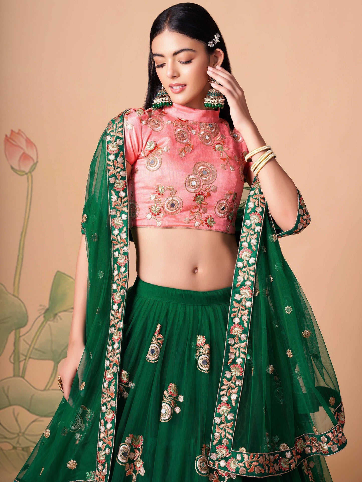 Tulsi Art Stunning Green Embroidered Net Designer Lehenga Choli