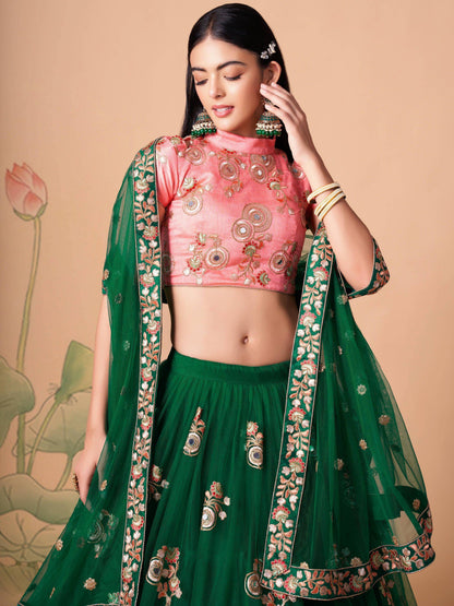 Tulsi Art Stunning Green Embroidered Net Designer Lehenga Choli