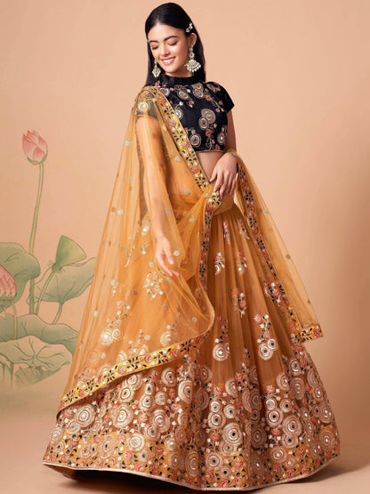 Tulsi Art Fabulous Yellow Mirror Embroidered Net Festive Lehenga Choli