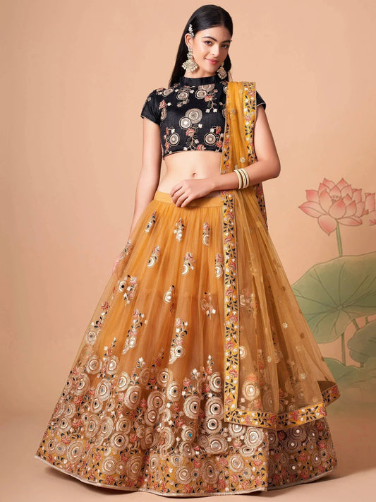 Tulsi Art Fabulous Yellow Mirror Embroidered Net Festive Lehenga Choli