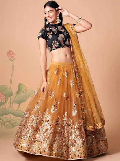 Tulsi Art Fabulous Yellow Mirror Embroidered Net Festive Lehenga Choli