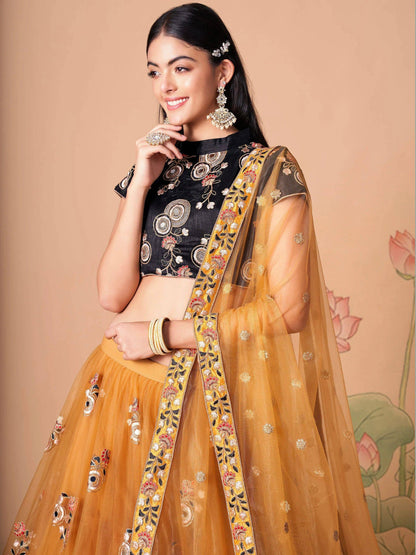 Tulsi Art Fabulous Yellow Mirror Embroidered Net Festive Lehenga Choli