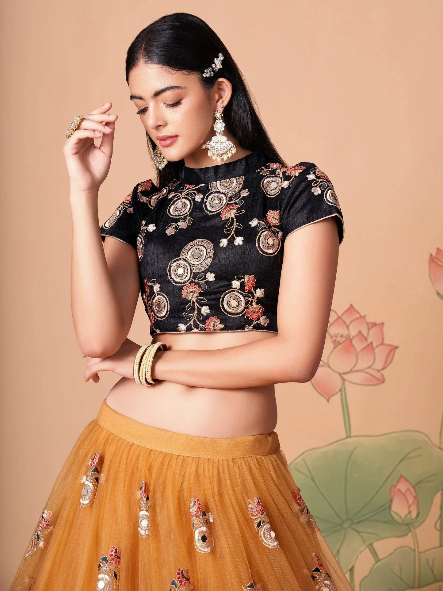 Tulsi Art Fabulous Yellow Mirror Embroidered Net Festive Lehenga Choli